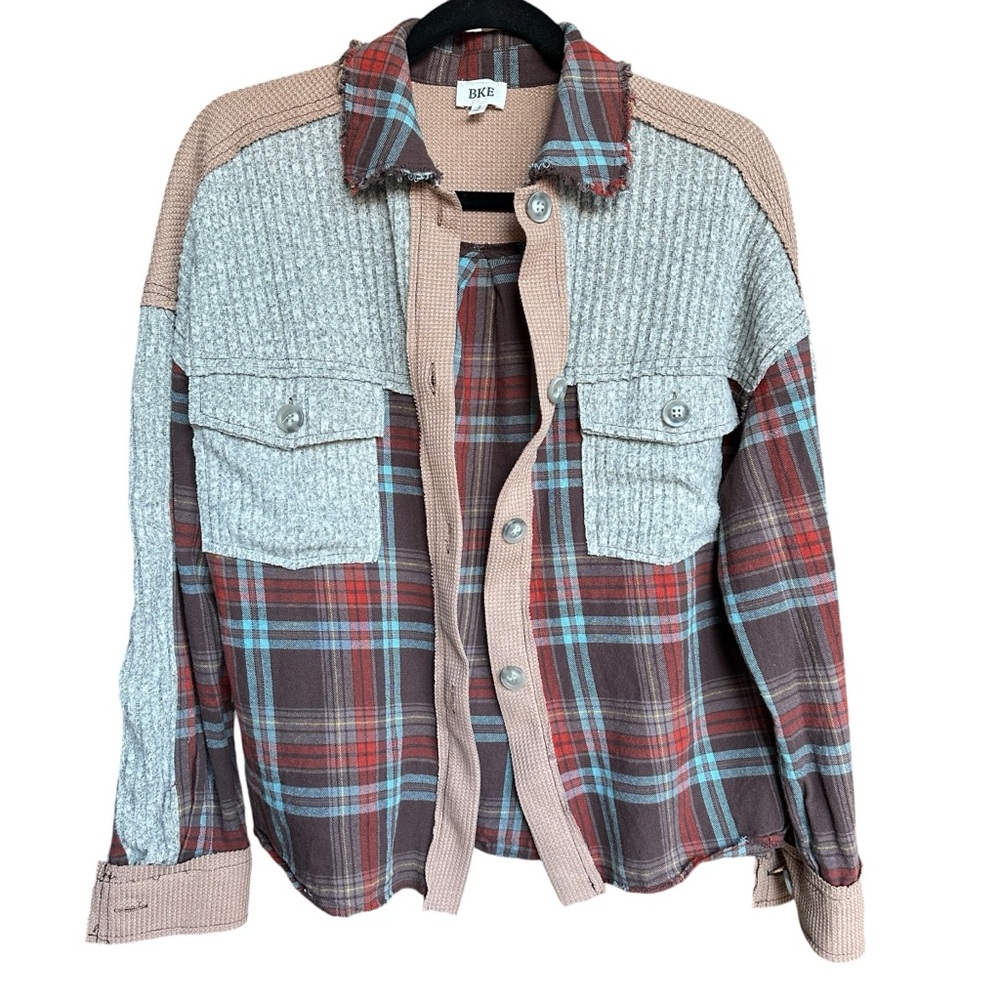 BKE Plaid Flannel Shacket Mixed-Up Short Oversized Small 23” pit to pit (S-L)